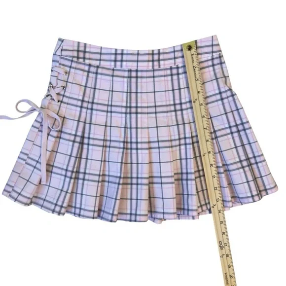 Preppy Pink Gray Plaid Pleated Skirt with Side Tie Coquette Small - Picture 3 of 9